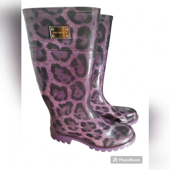 Dolce & GabbanaDolce and Gabbana Purple Leopard Print Wellington Rubber Boots - Picture 1 of 8